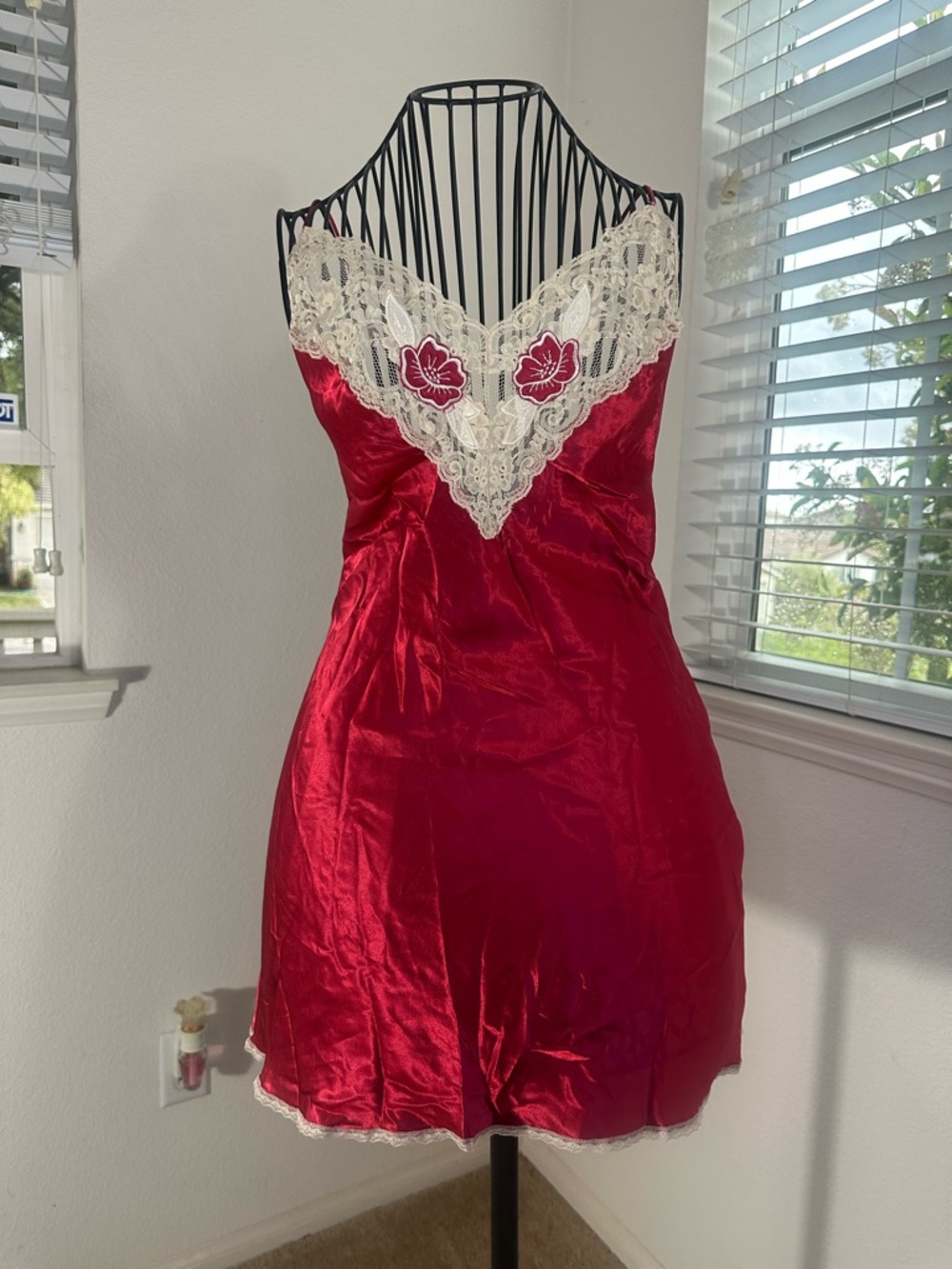 Red Lace-Trim Satin Chemise Nightgown - Women Intimates